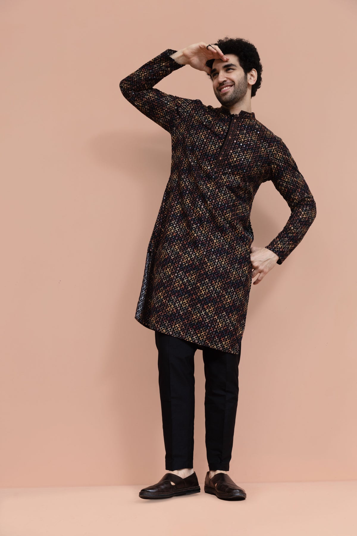 Men Multi Geometric Heavy Thread Work Kurta
