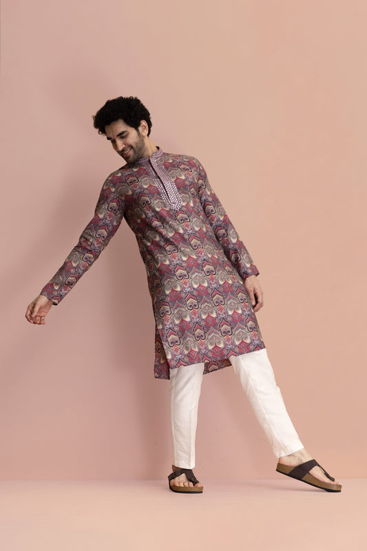 Men Mauve Printed Abstract Kurta