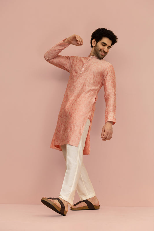 Peach Paisley Print Mirror Work Kurta