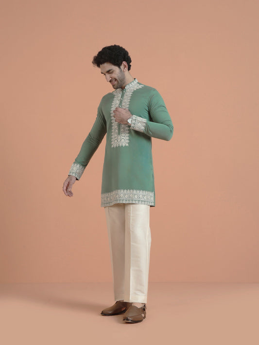 Green Cotton Silk Embroidered Mid Kurta