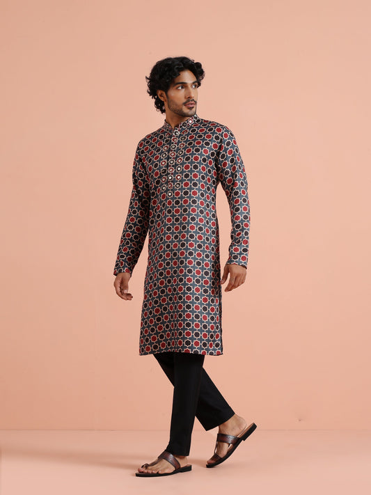 Grey & Red Geometric Printed Kurta
