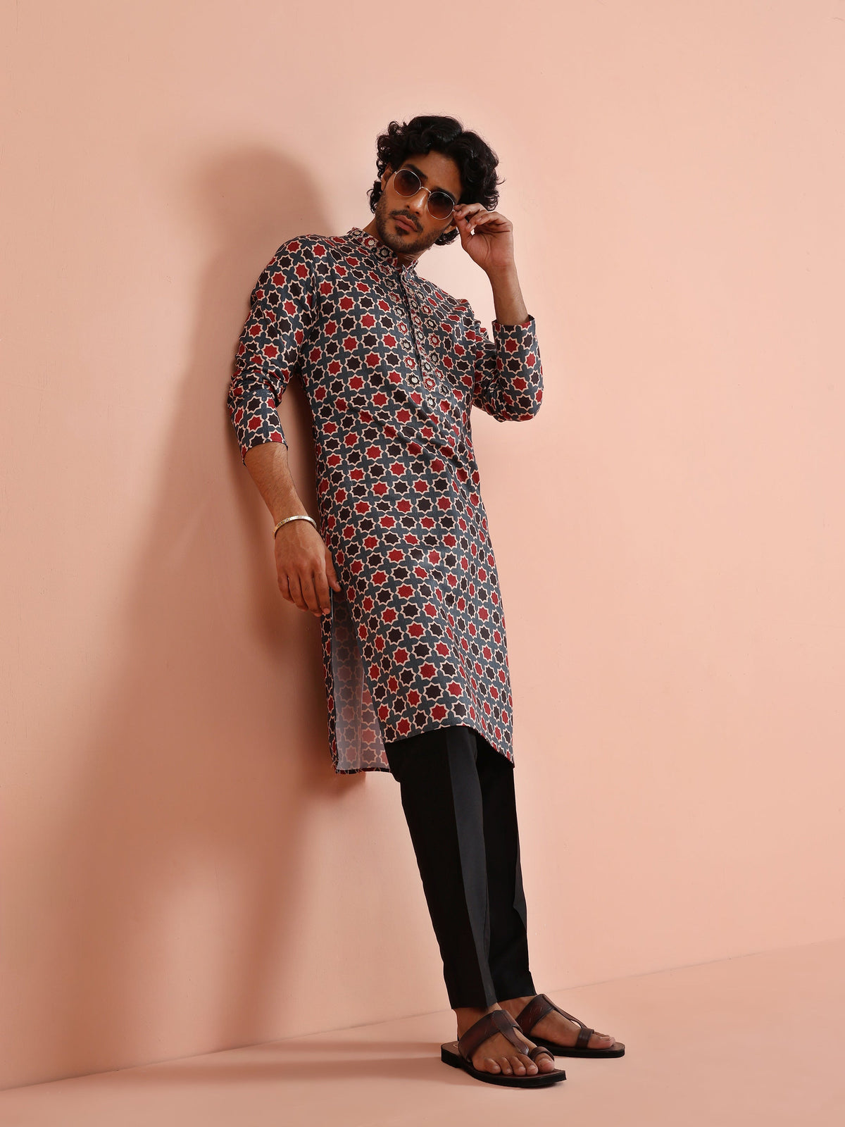 Grey & Red Geometric Printed Kurta