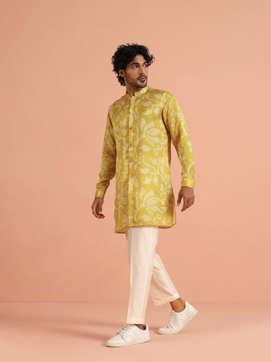 Yellow Art Silk Front Open Mid Kurta