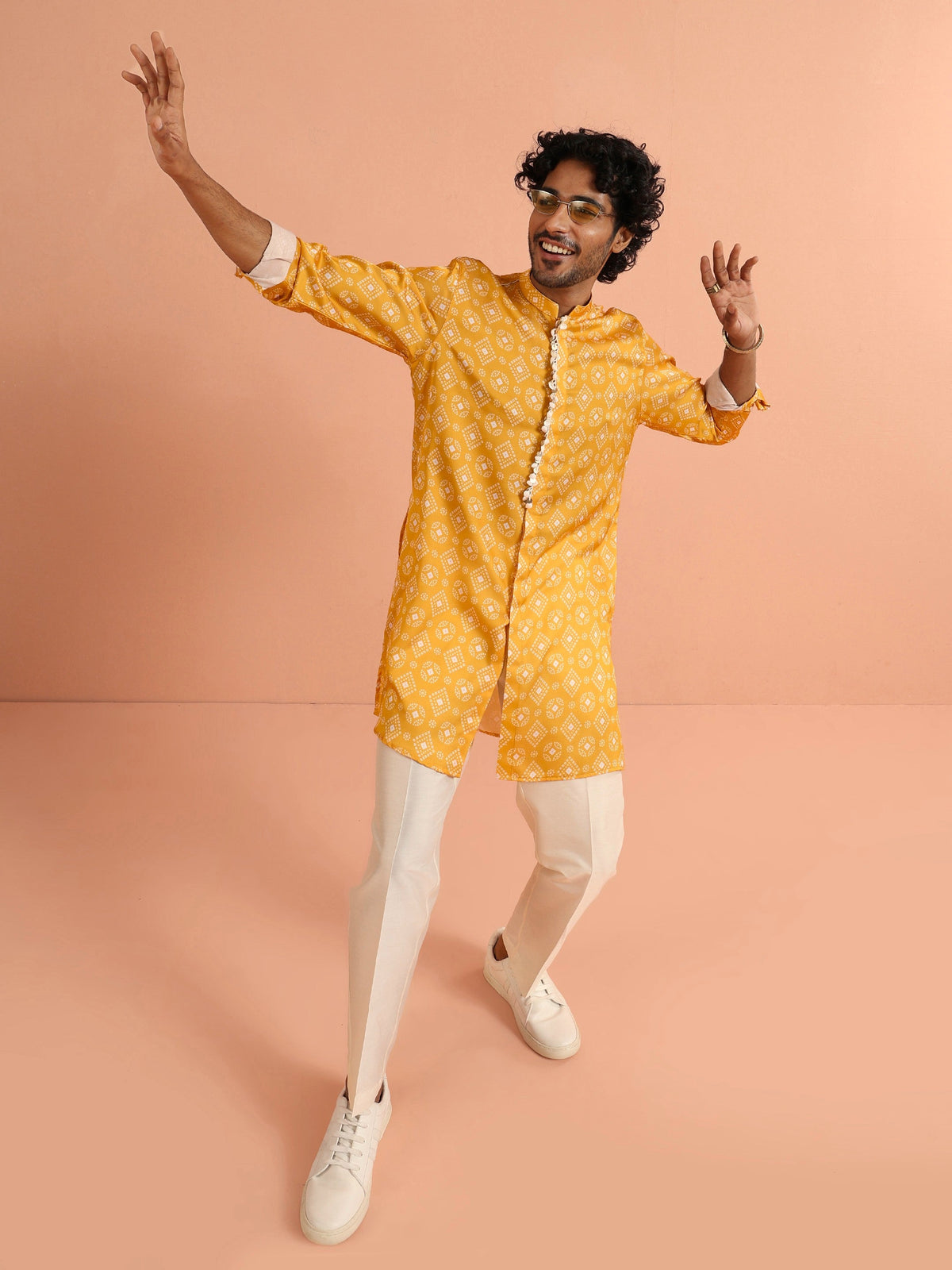 Mustard Bandhani Printed Mid Kurta