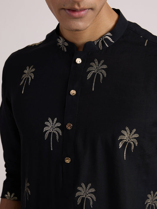 Black Cotton Silk Printed Kurta