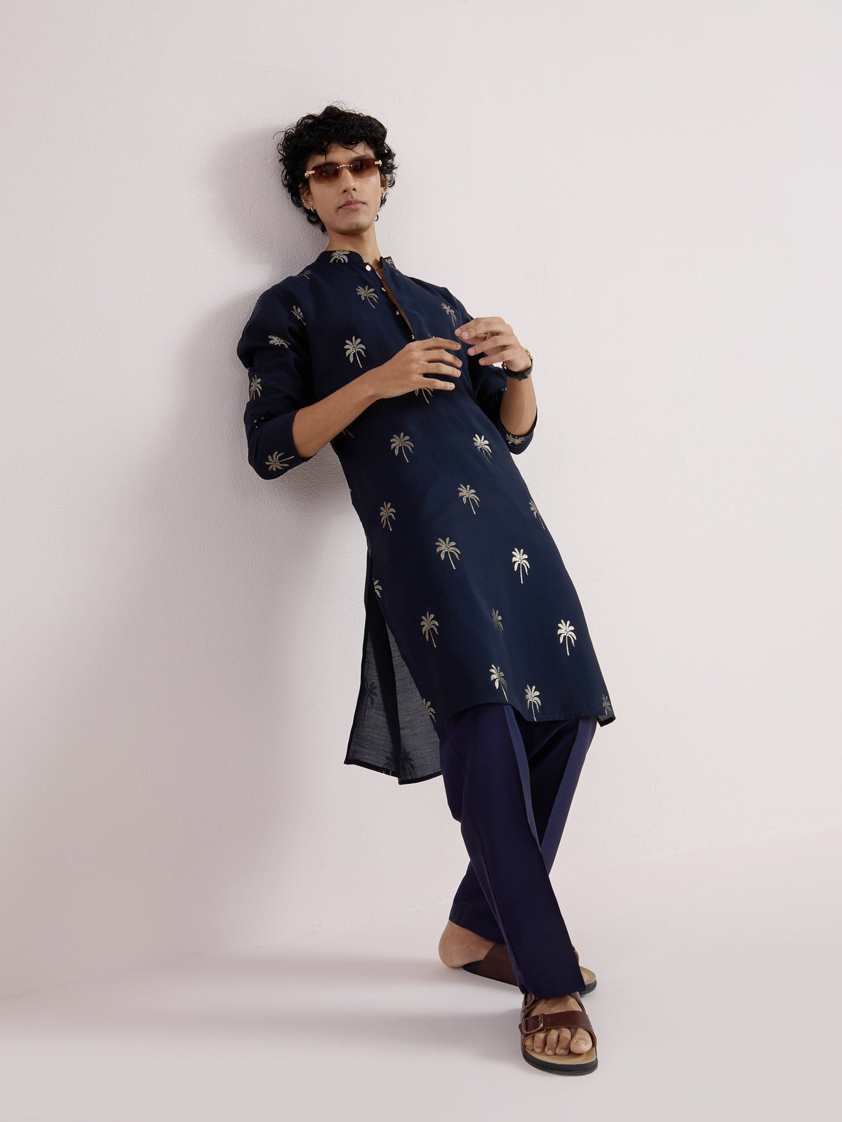 Navy Blue Palm Printed Kurta