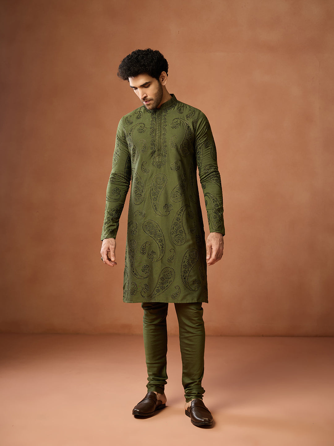 Olive Green Silk Blend Embroidered Kurta