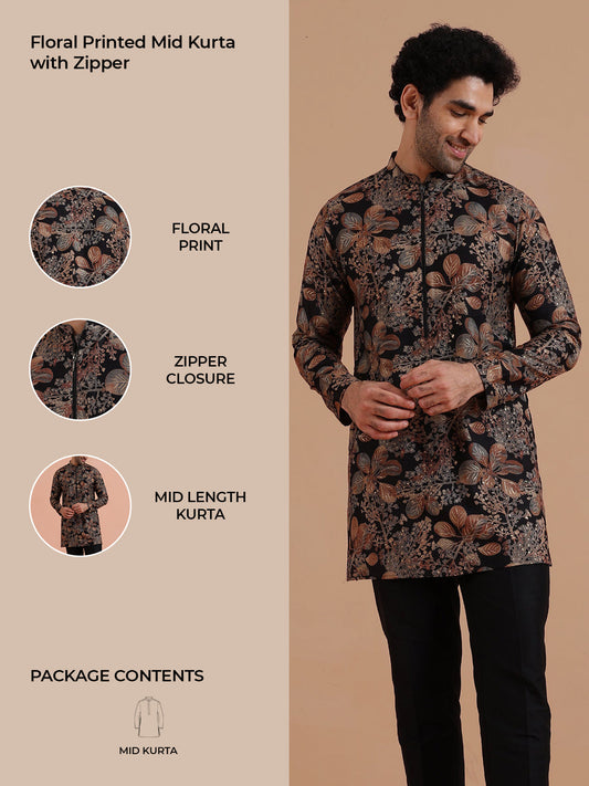 Black Kurta with Golden Floral Print