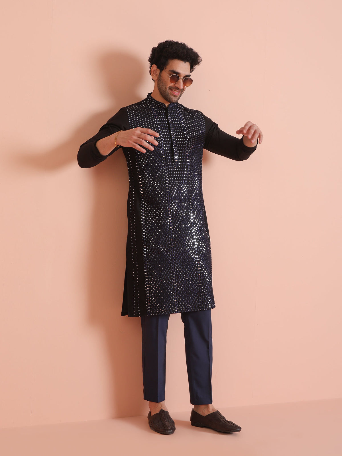 Black Poly Silk Mirror Work Kurta