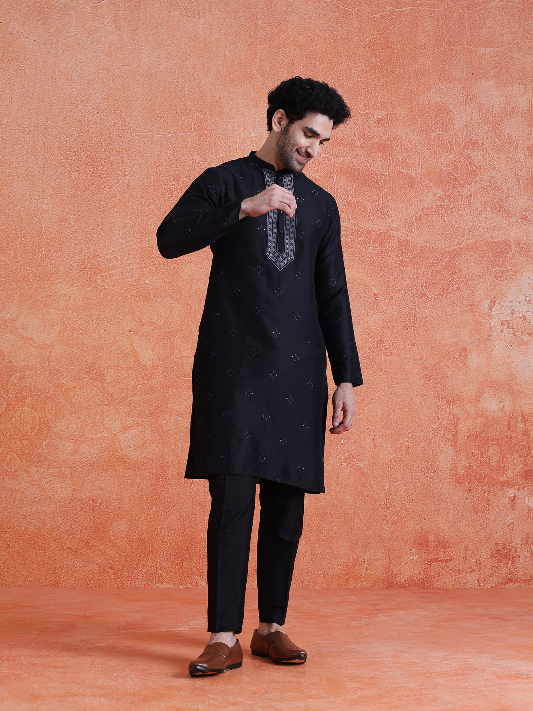 Black Silk Blend Jacquard Long Kurta