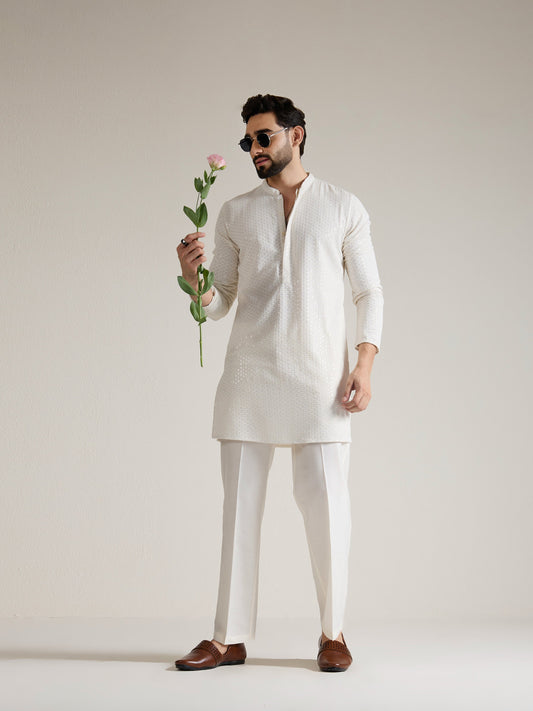 Mens White Blended Embroidery Kurta