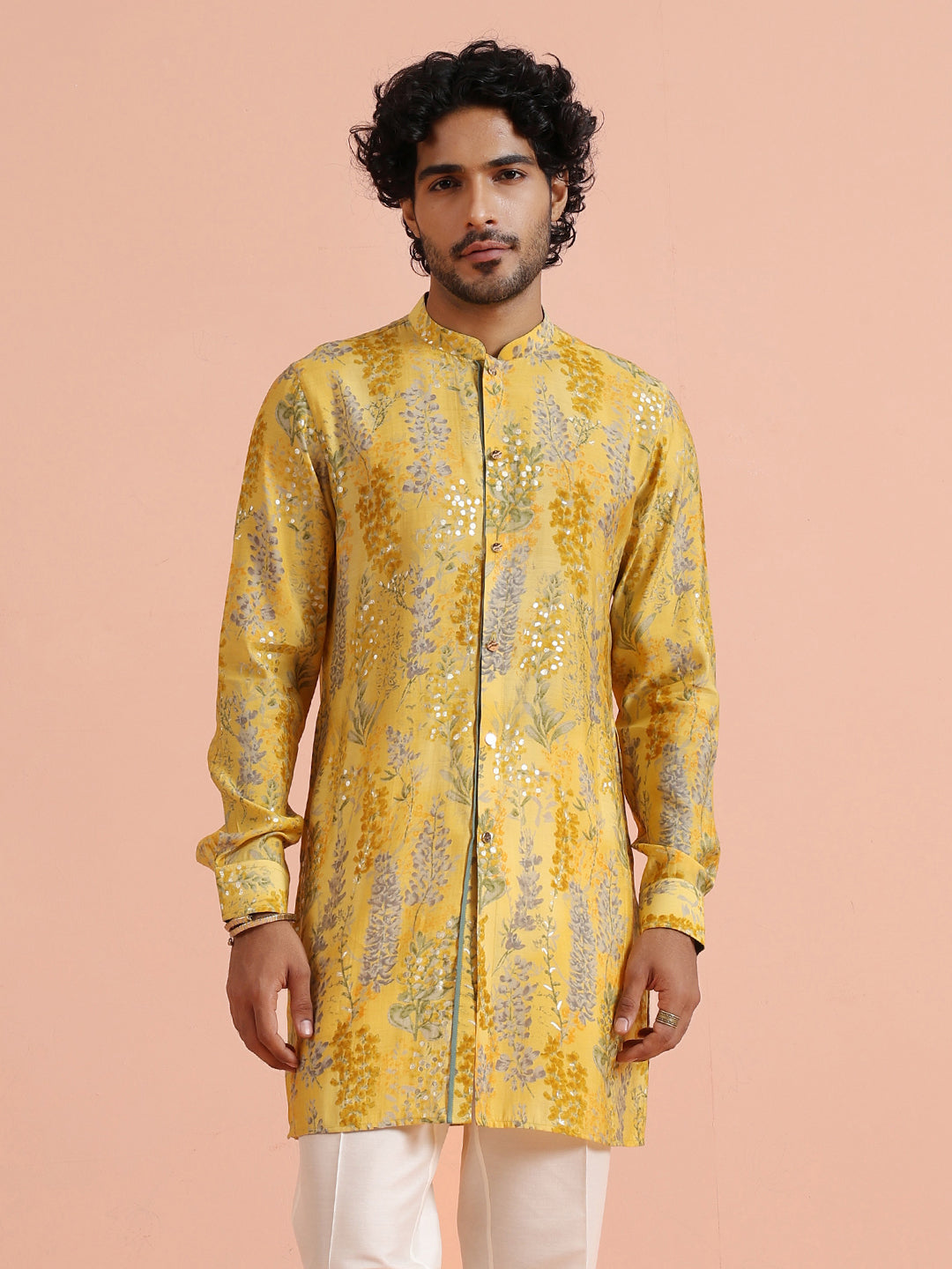 Yellow Floral Sequinned Mid Kurta