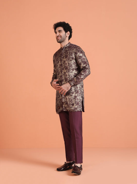 Wine Art Silk Floral Front Open Mid Kurta