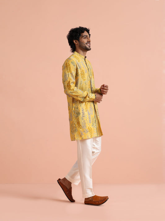 Yellow Floral Sequinned Mid Kurta