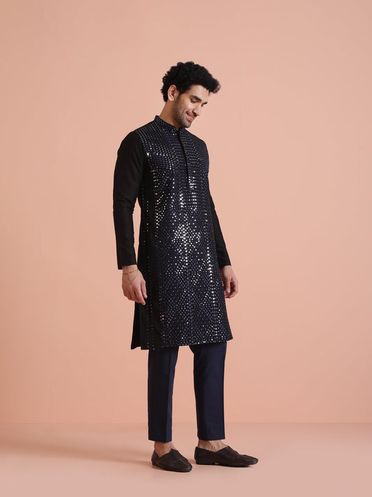Navy Blue Poly Silk Embellished Kurta