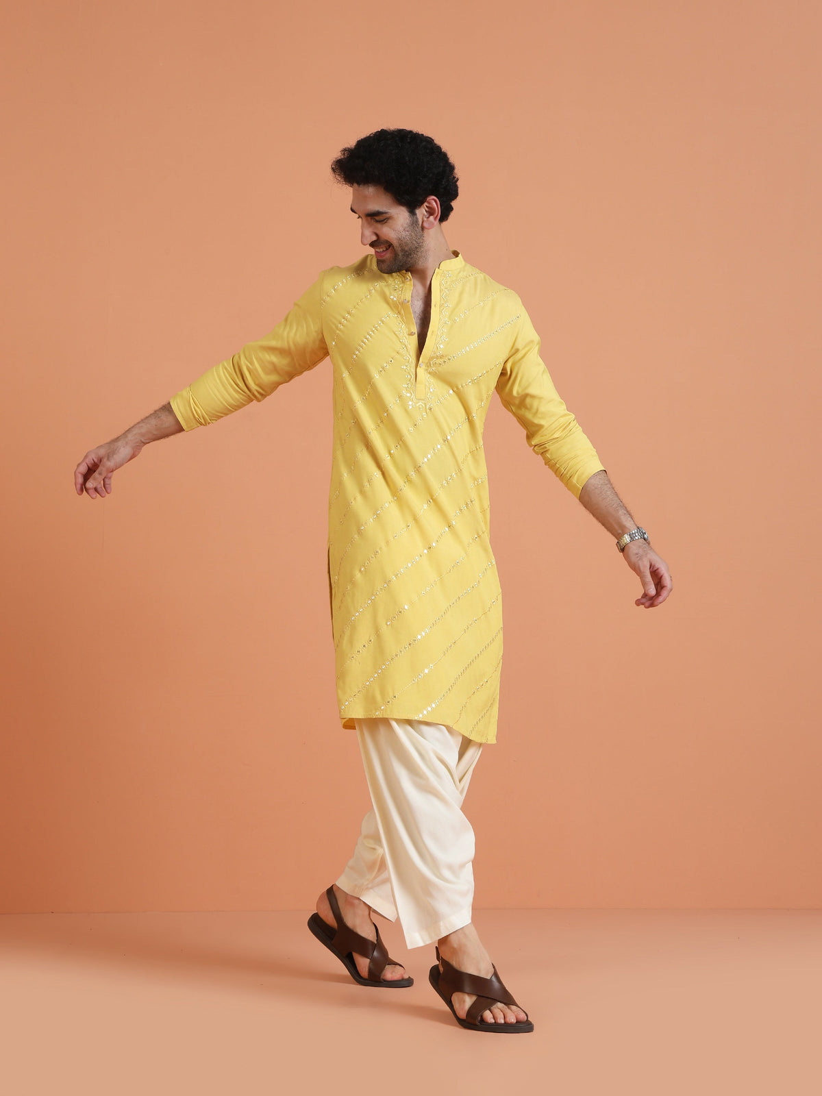 Yellow Cotton Silk Mirror Work Kurta