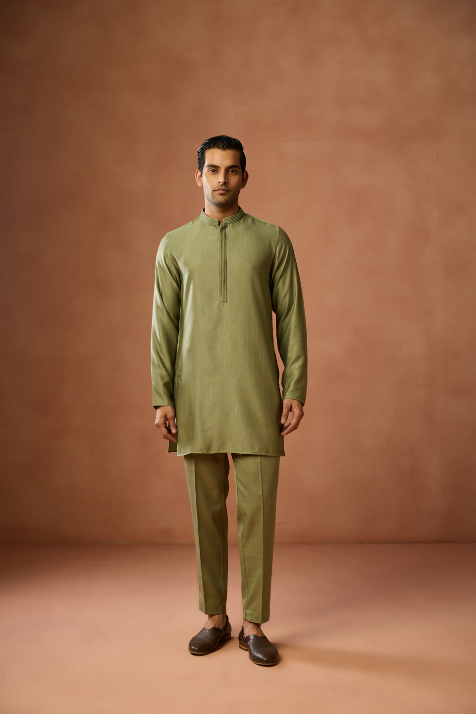 Olive Green Silk Blend Mid Kurta