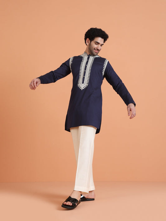 Navy Blue Cotton Silk Embroidered Mid Kurta