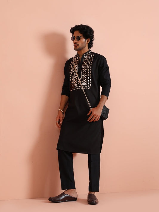 Black Metallic Embroidered Silk Kurta
