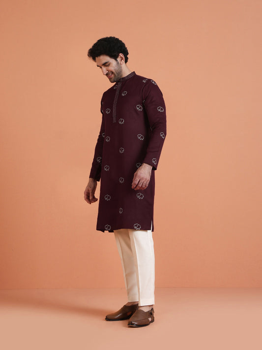 Maroon Cotton Silk Embroidered Kurta
