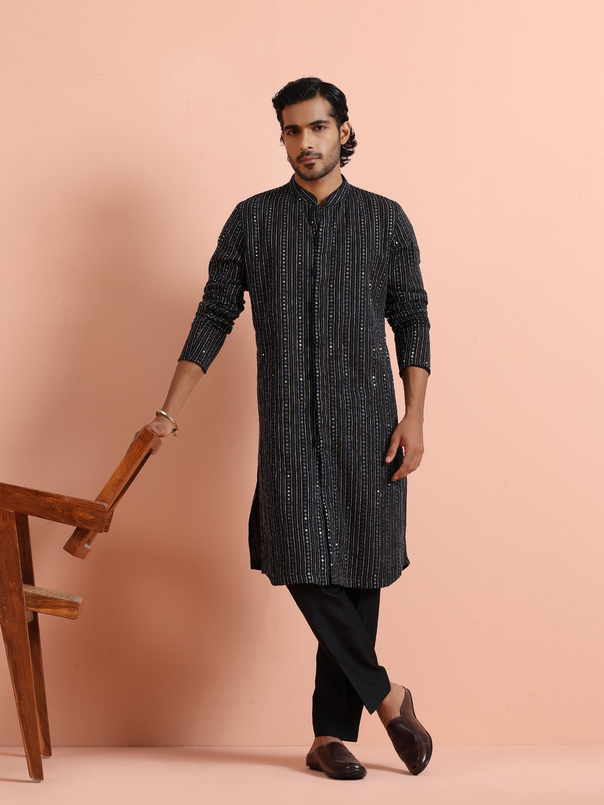 Black Silk Blend Mirror Work Kurta