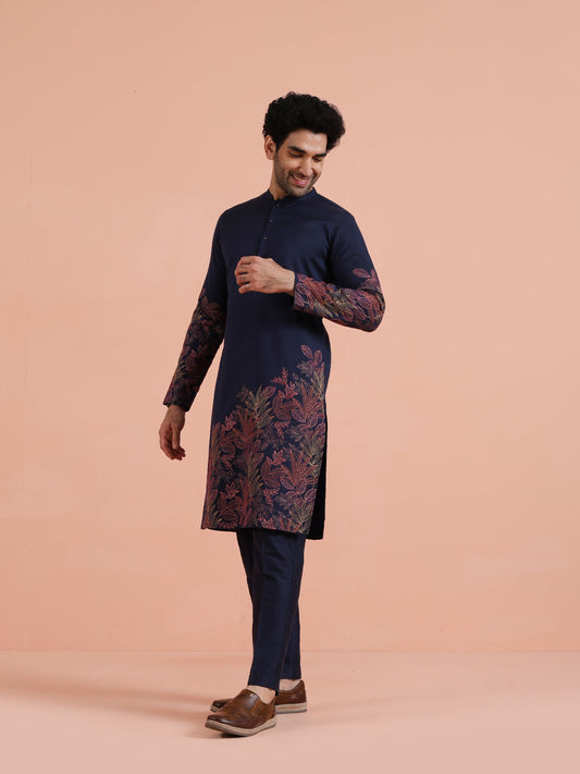 Navy Kurta with Red Embroidery
