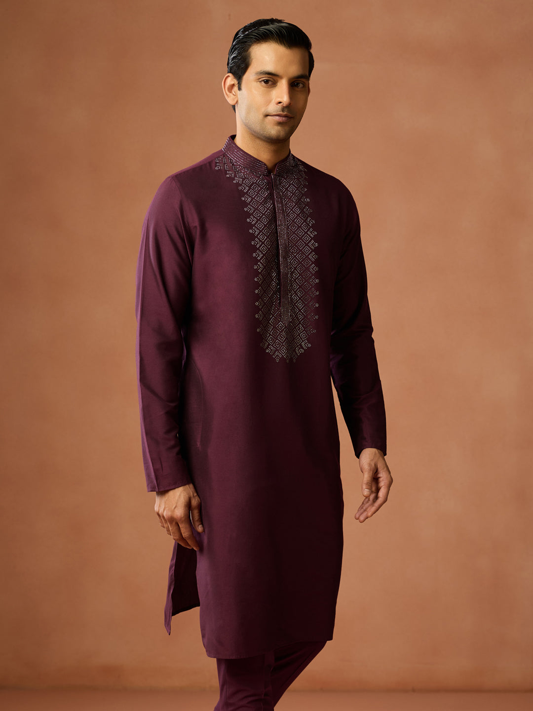 Maroon Embroidered Silk Blend Kurta