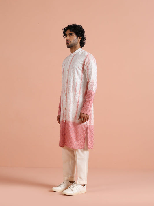 White & Pink Ombre Printed Kurta