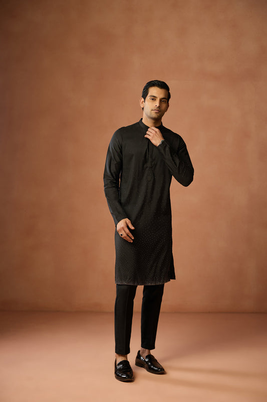 Black Silk Blend Embellished Long Kurta