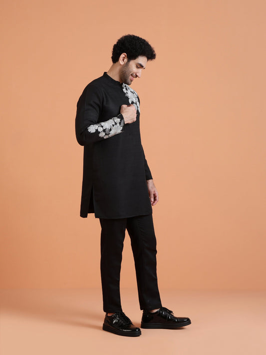 Black Cotton Silk Floral Embroidered Kurta