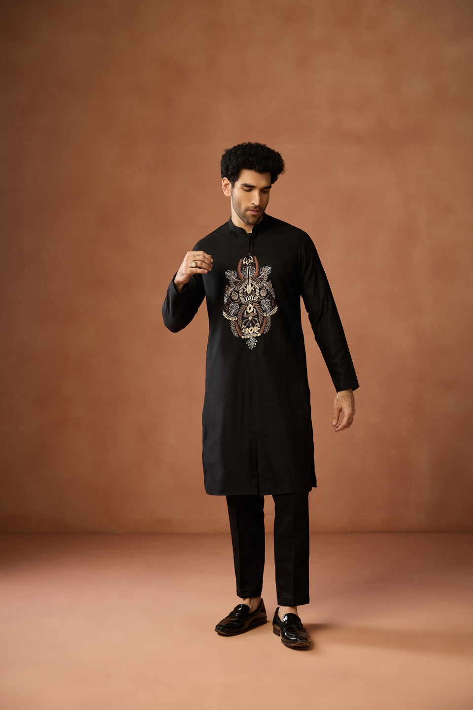 Black Silk Blend Embroidered Front Open Kurta