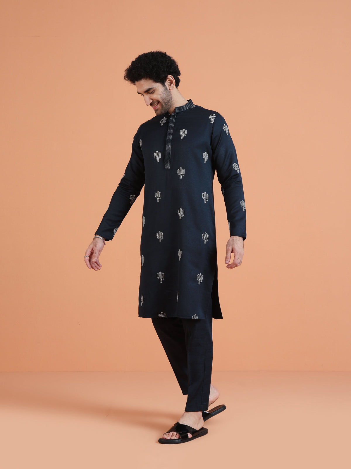 Navy Blue Cotton Silk Embroidered Kurta