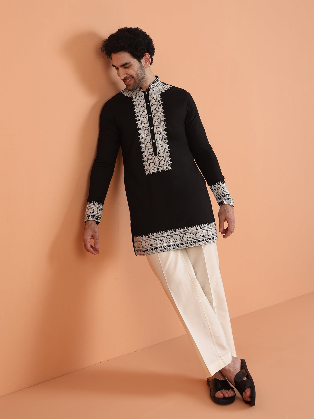 Black Cotton Silk Embroidered Mid Kurta