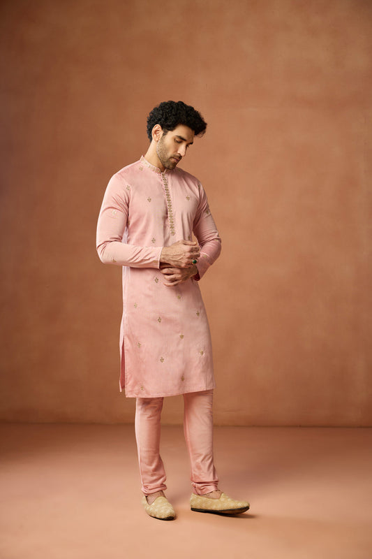 Pink Silk Blend Embroidered Kurta