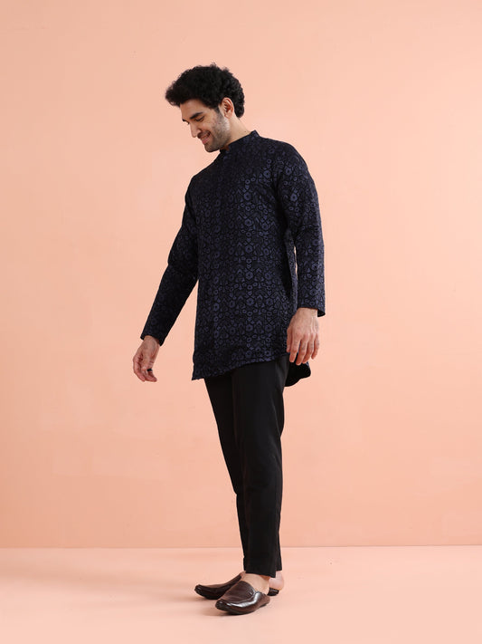 Navy Blue Velvet Embroidered Mid Kurta
