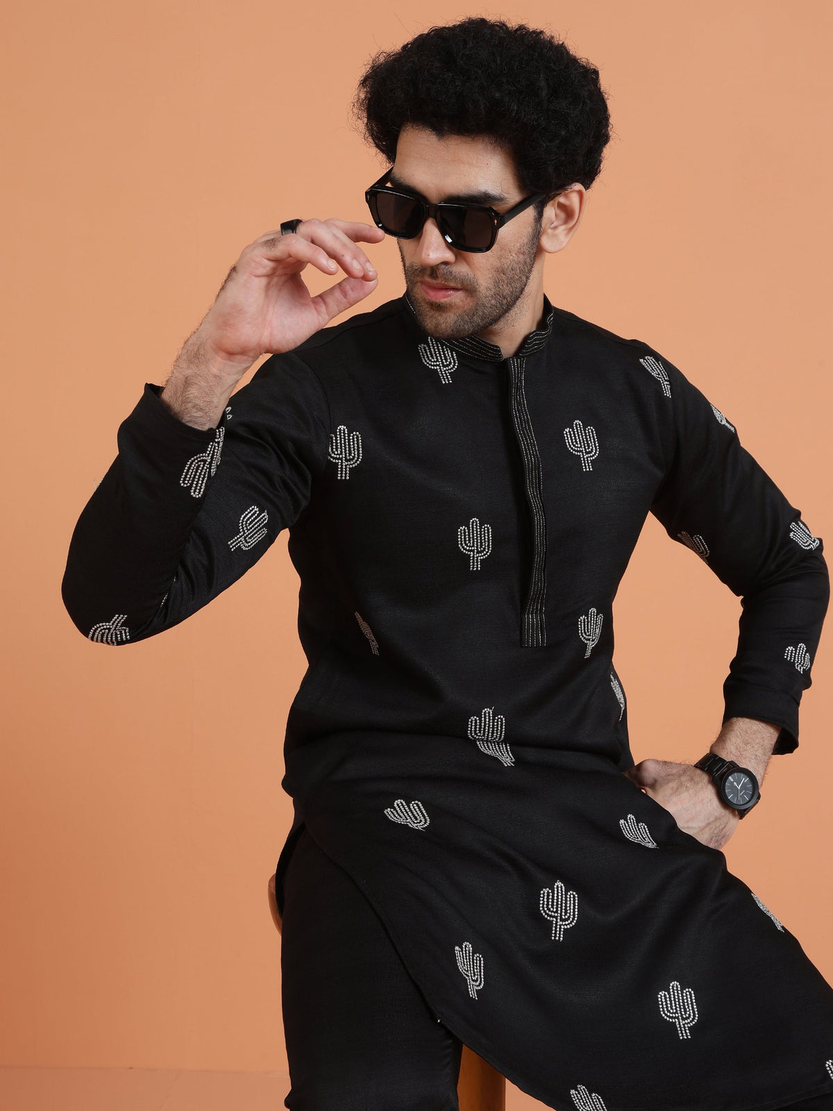 Black Cotton Silk Embroidered Kurta