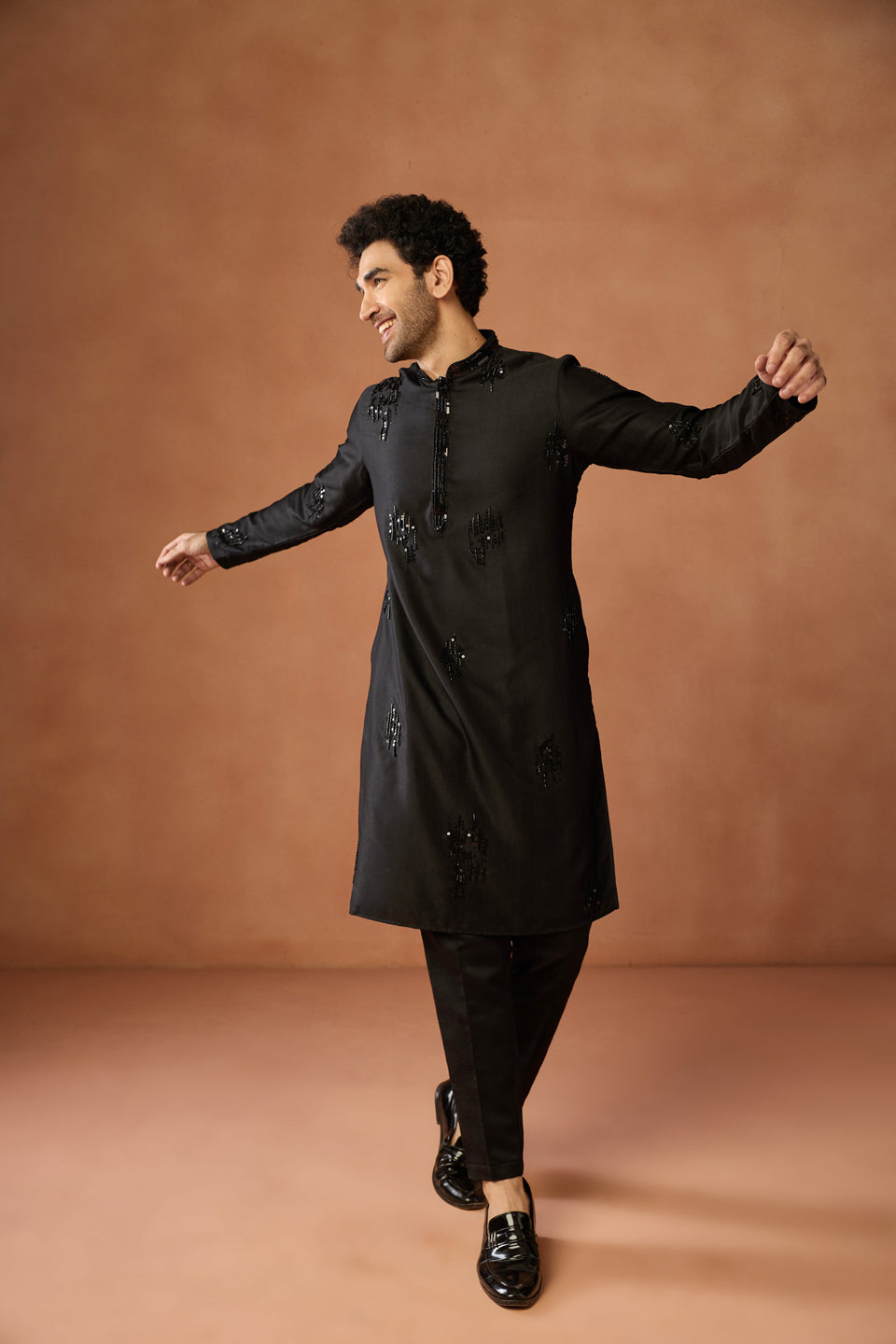 Black Silk Blend Beaded Long Kurta