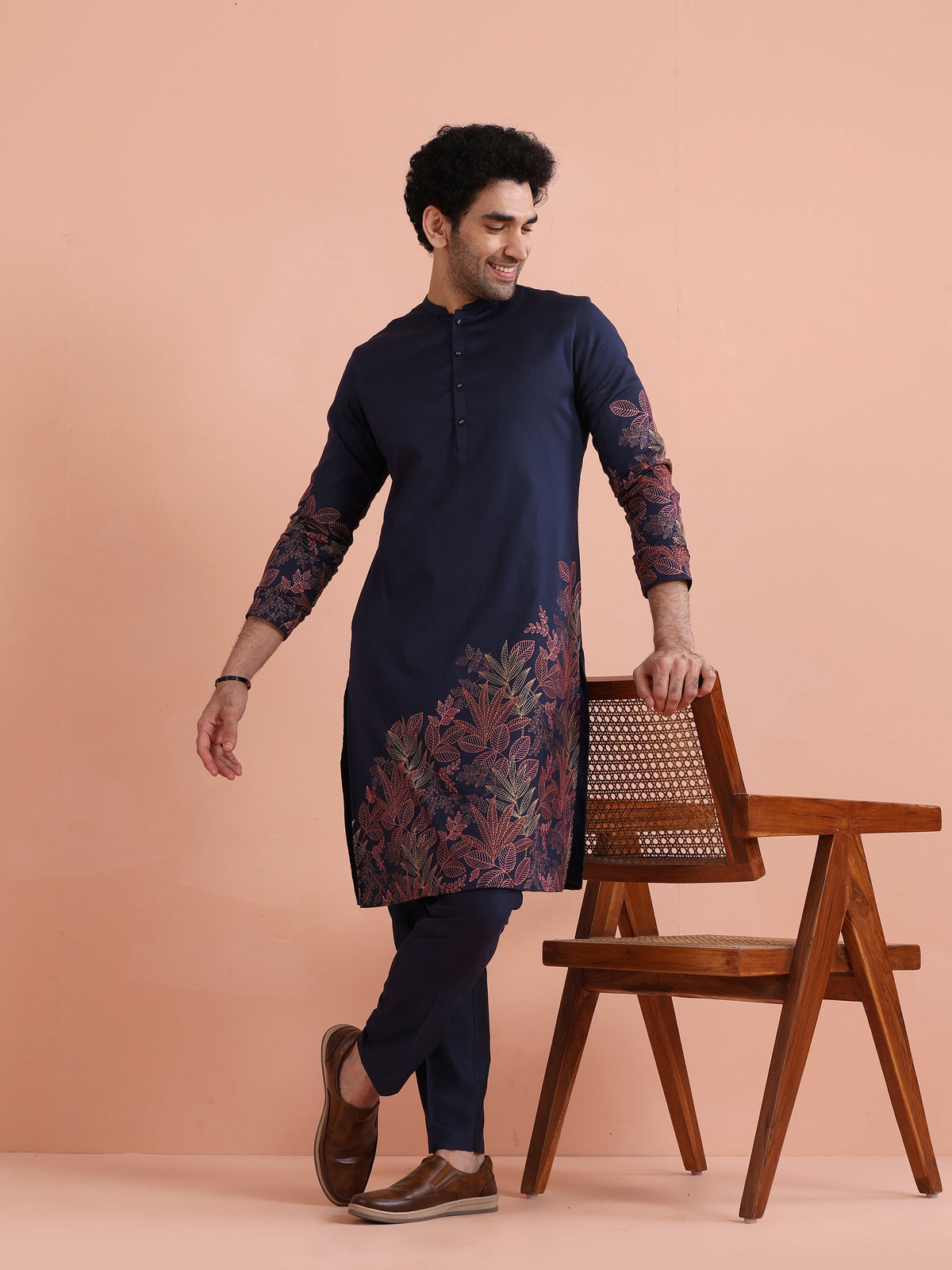 Navy Kurta with Red Embroidery