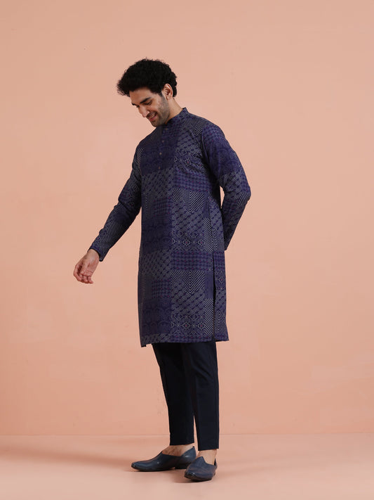 Navy Blue Art Silk Printed Long Kurta