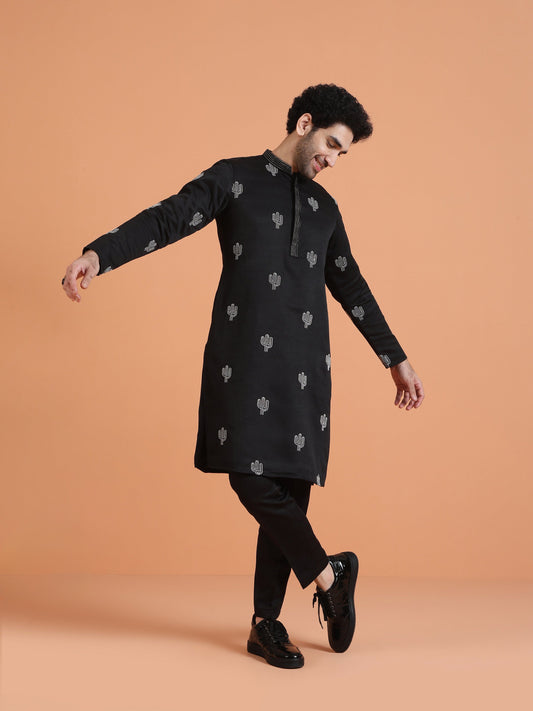 Black Cotton Silk Embroidered Kurta