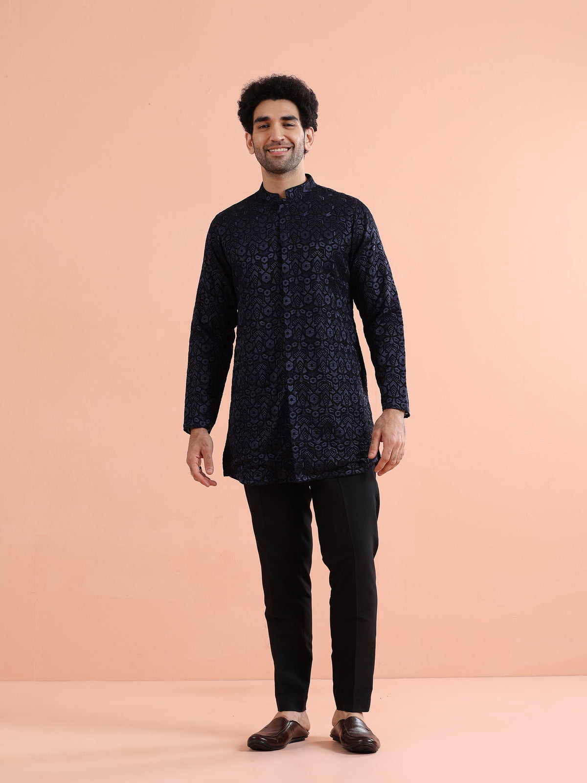 Navy Blue Velvet Embroidered Mid Kurta