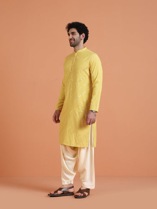 Yellow Cotton Silk Mirror Work Kurta