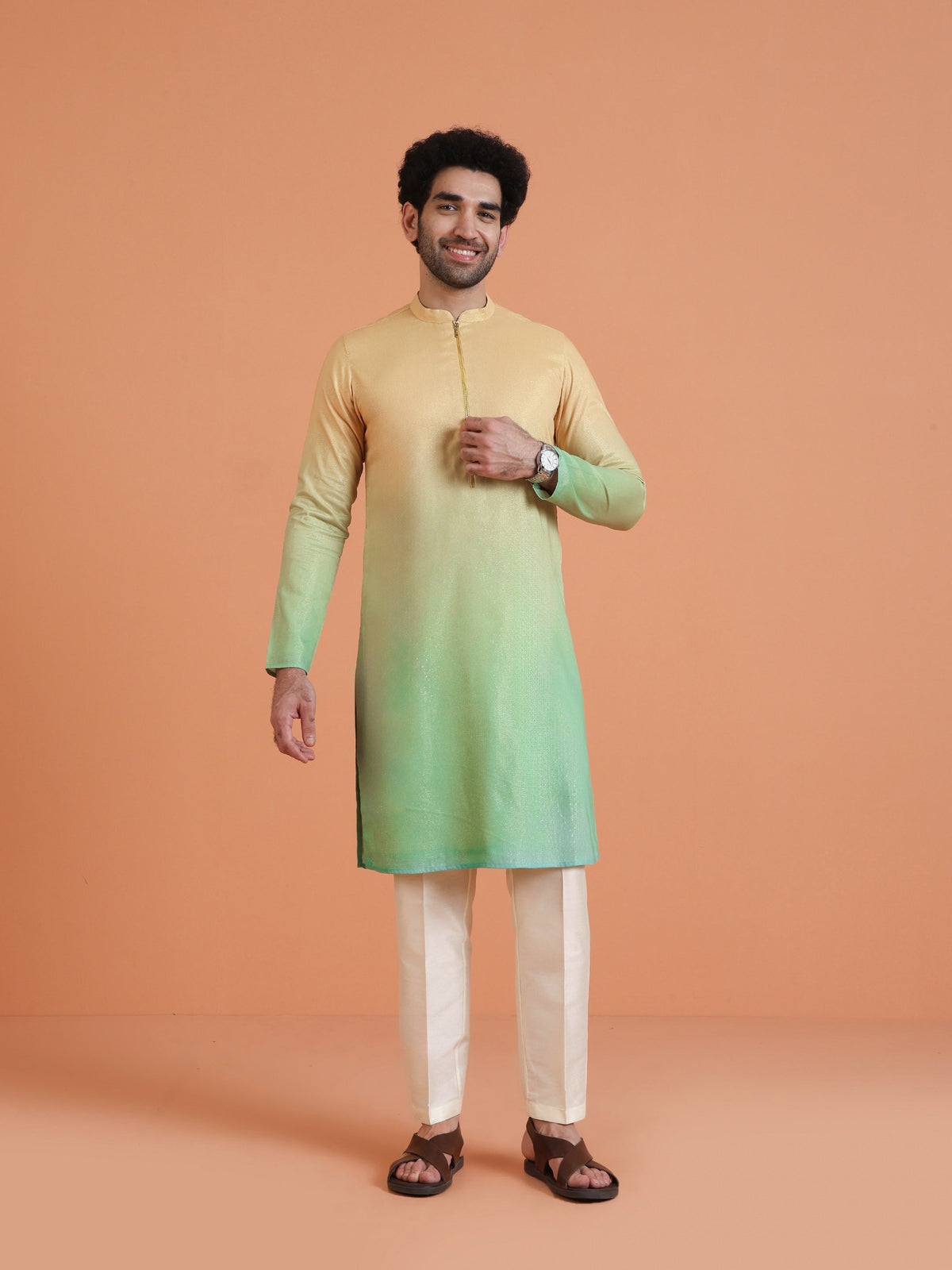Golden Beige Ombre Cotton Silk Kurta