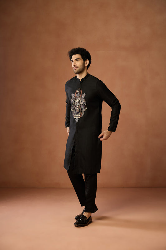 Black Silk Blend Embroidered Front Open Kurta