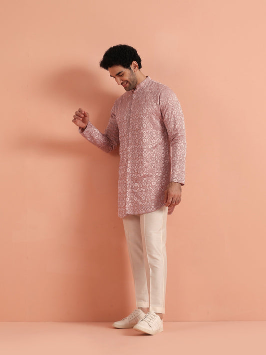 Pink Jacquard Silk Blend Mid Kurta