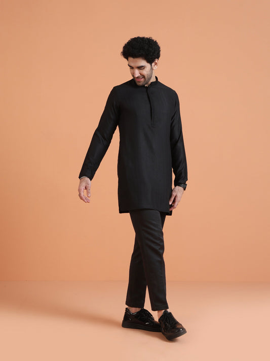 Black Silk Blend Solid Mid Kurta