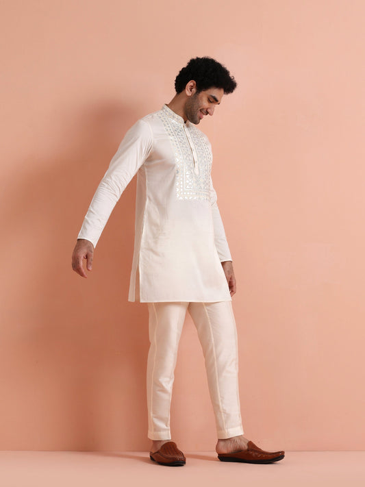 Cream Cotton Silk Embroidered Mid Kurta