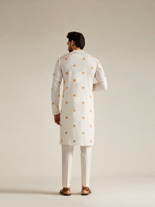 Mens Off-White Blended Light Embroidery Kurta