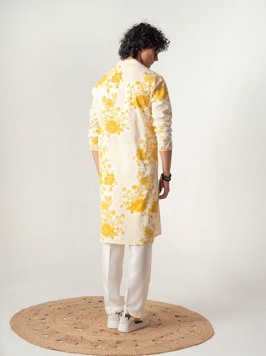 Mens Yellow Cotton Print Kurta