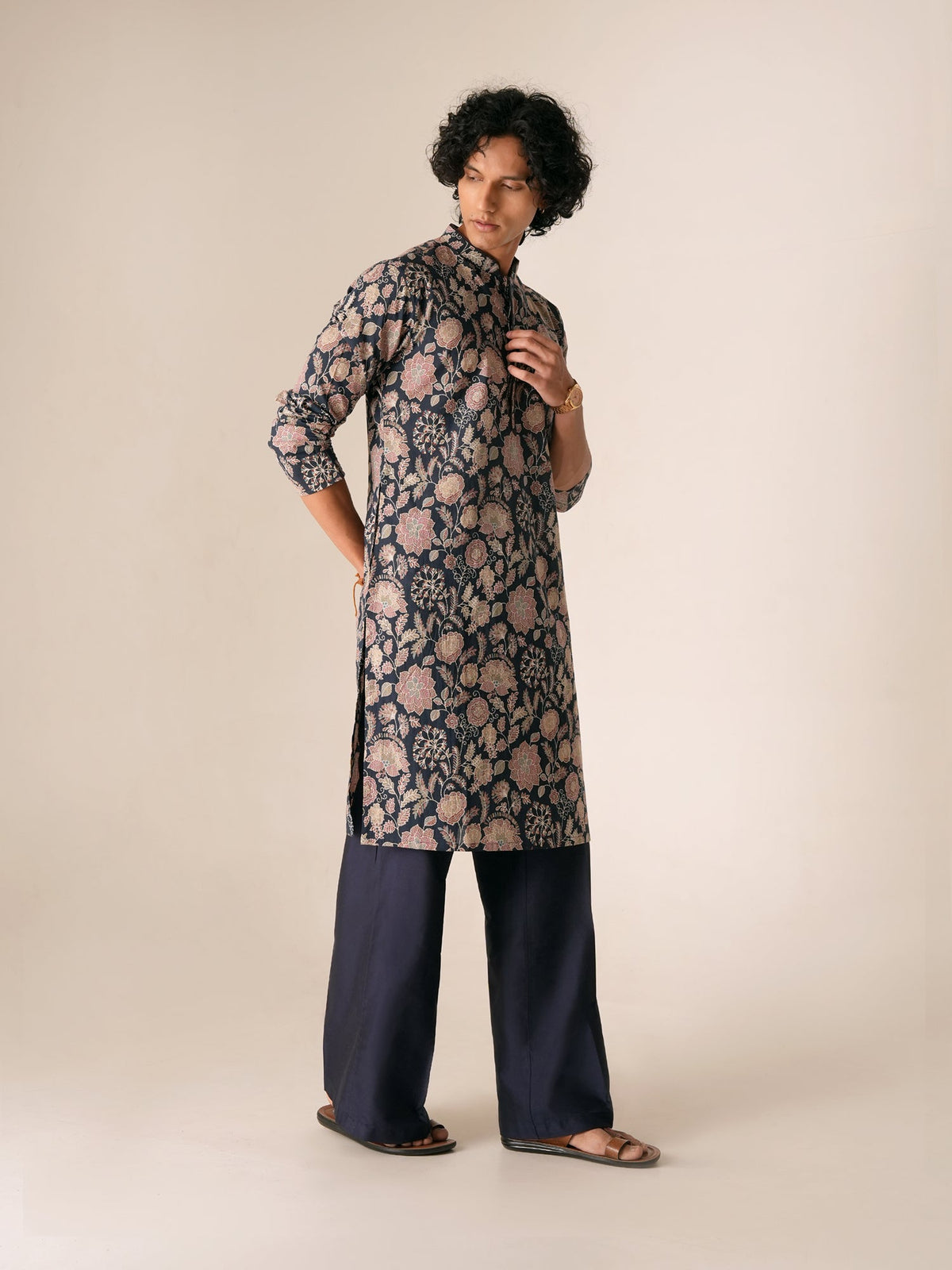 Mens Navy Blue Cotton Print Kurta